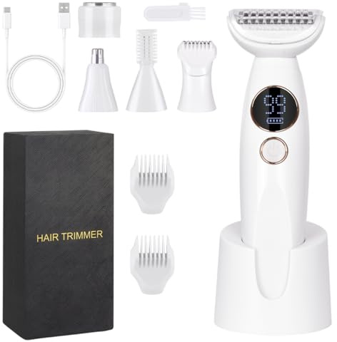 Elektrischer Rasierer Damen, 5-in-1 Intimrasierer für Frauen, Damenrasierer Nass-Trockenrasierer, Body Trimmer, Haartrimmer Bikinizone USB-Aufladung für Körper, Scham und Nase, Intimrasierer