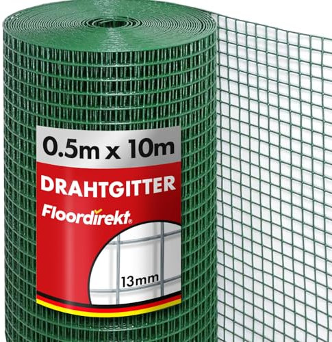Floordirekt Volierendraht Drahtgitter feinmaschig 50cm hoch x 10m lang Hochbeet 4-Eck Drahtgeflecht, Nagergitter, Vogeldraht, Volierengitter, Gitterdraht, Drahtzaun grüne PVC Maschen-Weite 13x13mm