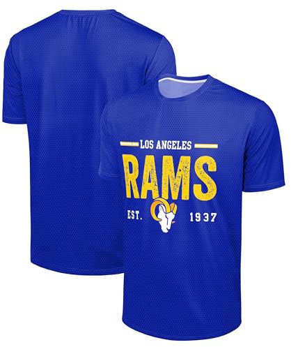 FOCO NFL Men's Officially Licensed Football Team Logo Wordmark Distressed Performance Team Color Crewneck T-Shirt, Los Angeles Rams - Blue, XXL