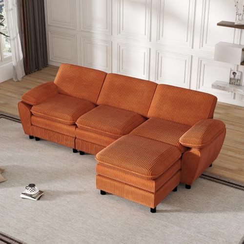 Zubaliya Wohnzimmersofa, Doppelkissen, Cordstoff, mit abnehmbarer Fußstütze, Schlafsofa für mehrere Personen, Orange
