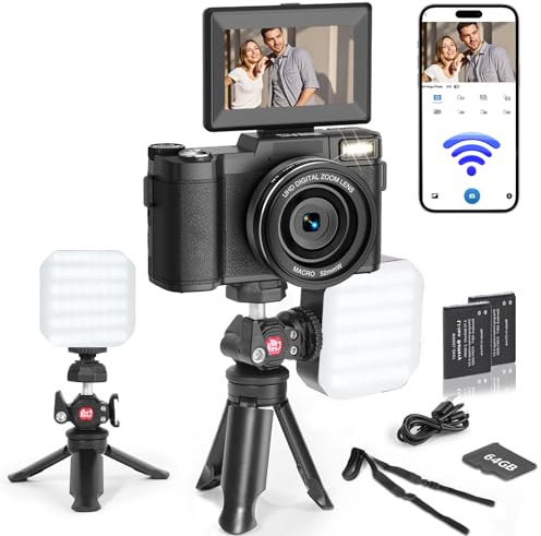 Cámara Digital 5K con WiFi para fotografía, cámara de vlogging de 64 MP con Pantalla abatible para Youtube, Incluye Tarjeta SD de 64 GB, trípode, luz Selfie y 2 baterías