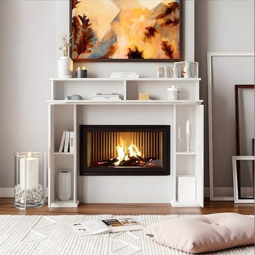 Gr8 Home Wooden White Fireplace Surround Mantelpiece Storage Cabinet Shelving Ornament Display Shelves Unit Stand Living Room Furniture