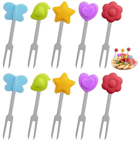 HMCEY 10 Stück Obstgabeln Edelstahl 7 CM,Fruchtspieße Gabeln für Brotdose,Kuchengabeln Wiederverwendbar,Party Gabeln Cocktail Bunt,Tafelgabeln Dessertgabel mit Silikon Deko,Food Picks für Sala, Snack