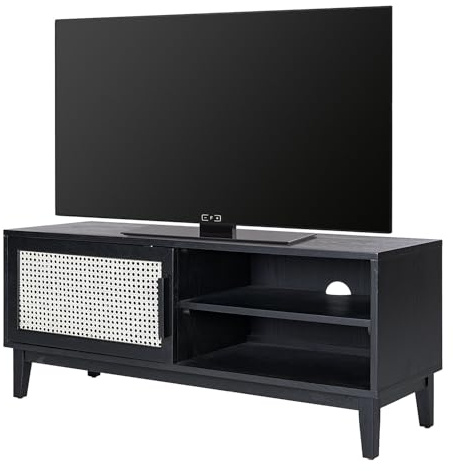 home24 TV-Lowboard aus furniertem MDF & massivem Eichenholz | Fronten aus echtem Wiener Geflecht (Rattan) | Lowboard mit naturnahen Details in Eiche Schwarz