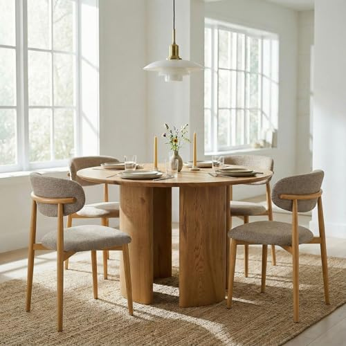 IDIMEX Essgruppe ARVIKA/Ariel mit Tisch und 4 Stühlen, Eiche/Beige - Essgruppe mit 4 Stühlen, Esstisch rund 120 cm, robuste und Pflegeleichte Tischplatte, Esszimmermöbel für Moderne Essplätze