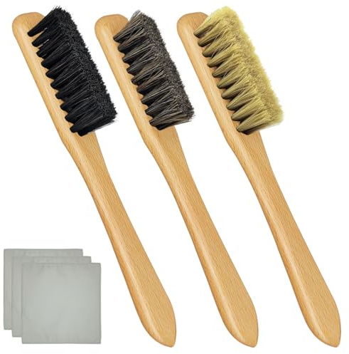 Silver Polishing Kit, 3 Pcs Horsehair Silver Cleaning Brushes + 3 Pcs Polishing Cloth for Silverware, Horsehair Detail Brush Set for Sterling, Cutlery, Metal, Silverware Plateware Jewelry, 3 Colors