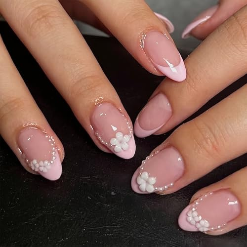 Aribliseza French Nails, 24 Pieces Press On Nails Short Almond, Pink Nude Fake Nail with White French Tip & 3D Flower Pearl Design, Softgel Nails for Ladies Manicure Set