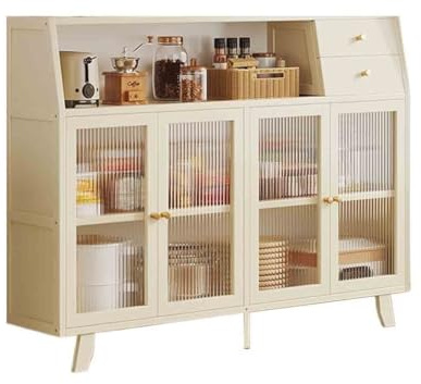 FZL02068LM Kitchen Cabinet Retro-style Glass Sideboard for Kitchen and Living Room Floor-standing and Wall-mounted Four-door Integrated Storage Unit Dining Furniture