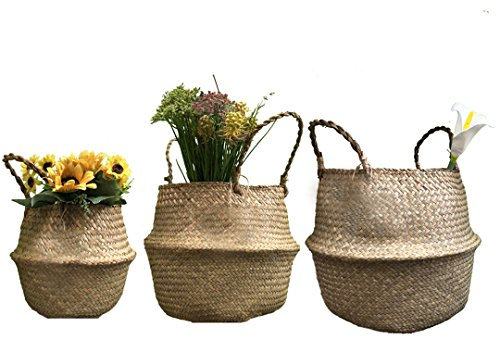 GOODCHANCEUK 3er Set Wäschekorb Faltbar Seegras Blumenkorb Handgewebt Blumen Stroh Korb für Pflanze Blumentopf mit Griffen