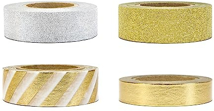PartyDeco Decorative Tape Silver Glittery, Glittery and metallic Gold, Mix 4x10m, 1/1,5cm breit self-Adhesive (Washi Tape) DTP2