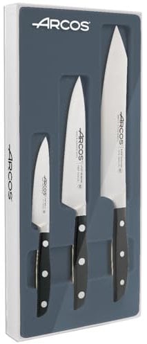 Arcos Serie Manhattan - Juego de Cuchillos de Cocina de 3 piezas (Cuchillo Chef + Mondador + Rocking Santoku) - Hoja de Acero Inoxidable Forjado NITRUM - Mango de Polioximetileno (POM) - Color Negro