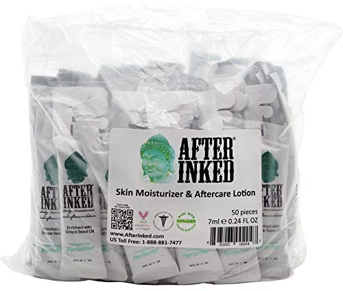 Vegan Tattoo Aftercare Lotion by After Inked. Best for new tattoos, Permanent Make Up, Micropigmentation, Microblading and Laser Removal. Sachet Sizes: 7 ml bag of 50 (no stand)