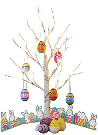 EAMBRITE Weißer Oster Baum mit Bunten Eiern, Batteriebetrieben Osterdeko mit Warmweißen Lichtern, Oster Geschenke für Kinder (60 cm/24 LEDs)