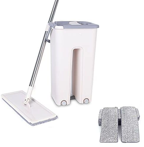 Flach Mopp mit Eimer Set - Bodenwischer mit 10 Mikrofaser Wischpads,Wischmop mit Putzeimer Set mit auswringfunktion und Eimersystem für Bodenreinigungs (Wischmop mit Putzeimer)