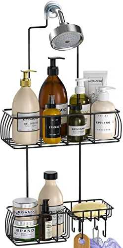Epicano Anti-Swing Hanging Shower Caddy, Over Head Shower Caddy Rustproof with hooks for Towels, Sponge and more, Metal Black