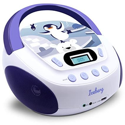 MOOOV 477179 Lecteur CD Enfant Iceberg MP3 et Port USB - AUX-in - Prise Casque - Poste Portable avec Poignée de Transport - Alimentation Secteur ou Piles - Violet et Blanc