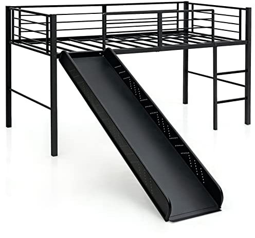 COSTWAY Lit Mezzanine Enfants 90 x 190 cm, Lit Mezzanine 1 Personne avec Toboggan, Échelle et Structure en Acier, Pas Besoin de Sommier (Matelas Non Inclus) (Noir)