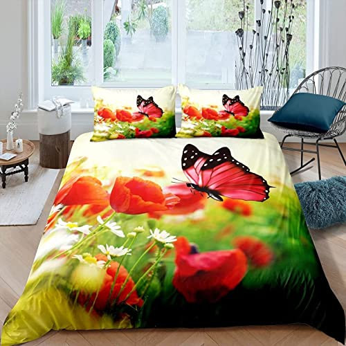 LUYAPOND Bettwäsche 135x200 Roter Mohn Schmetterling Bettwäsche Set für Kinder, Mikrofaser Bettbezüge, 1 Bettbezug mit Reißverschluss + 1 Kissenbezug 80x80 cm