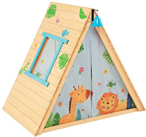 Maxmass Wooden Kids Playhouse, 2-in-1 Kids Hideaway Play Tent with Climbing Wall, Front Bell, Window and Removable Door Curtain, Multifunctional Triangle Climber for 3+ Years Old