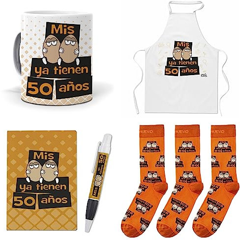 mundohuevo Que Regalar para 50 cumpleaños Hombre. Mis Huevos ya Tienen 50 años. Taza,Delantal, libreta, boli y Trio de Calcetines