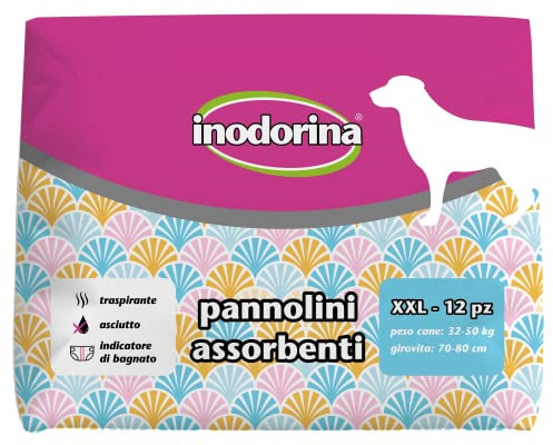 Inodorina, Pannolini Assorbenti Usa e Getta, Tecnologia Traspirante e Indicatore di Bagnato, con Buco per la Coda e Alette Lunghe, per Cani con Peso da 32-50 kg, Taglia XXL, 12 pezzi