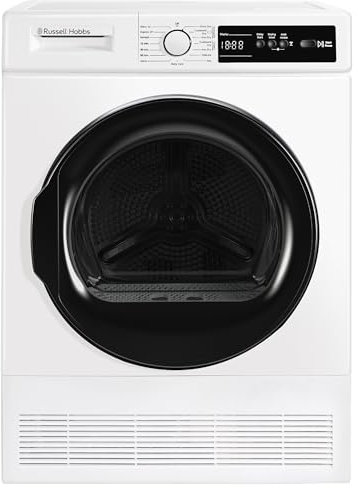 Russell Hobbs Freestanding Condenser Dryer Electric Tumble Dryer 15 Programmes 8kg Capacity 3 Heat Settings LED Display DelayStart Anti-Crease Child Lock White Clothes Dryer RH8CTD111W