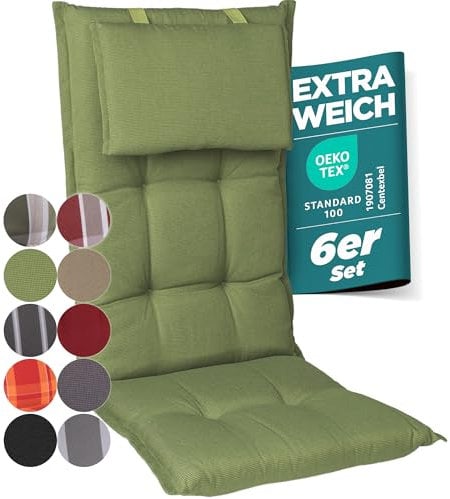 gardisun Gartenstuhlauflagen Hochlehner mit Kopfteil I Extra Dicke Sitzauflagen I Made in Europe I Ideale Polsterauflagen für Hochlehner I Auflagen mit extra hoher Lichtechtheit I 6er Set I Grün