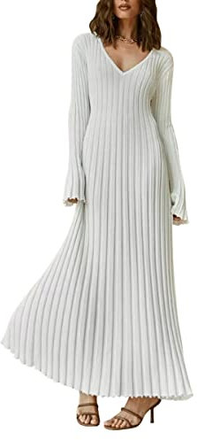 Minetom Damen Strickkleid Wickelkleid Pulloverkleid V-Ausschnitt Langarm Bodycon Lang Abendkleid Partykleid Winterkleid Cocktail B Weiß S