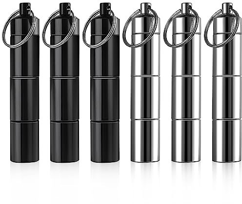 Grevosea 6 Stück Tragbarer Schlüsselanhänger Pillendose Schlüsselanhänger Mini Tablettendose Wasserdicht Klein Pillendose 3 Teilbaren Fächer Pillendose Aluminiumlegierung Kapsel Tablettendose -9.1cm