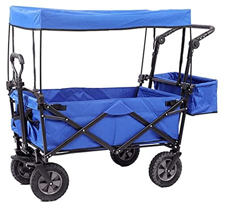 Outdoor-Klappwagen, zusammenklappbarer Bollerwagen mit Dach, Outdoor-Gartenwagen mit Bremsen, All-Terrain-Campingwagen, Tragfähigkeit 100 kg (blau)