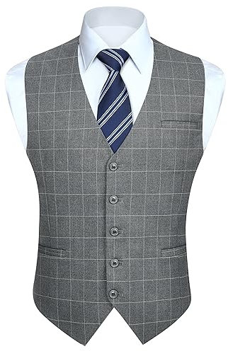 HISDERN Anzugweste für Herren Formale Weste Hochzeits Party Westen Plaid Klassisch Business Herren Anzugwesten,Hellgrau-N,L