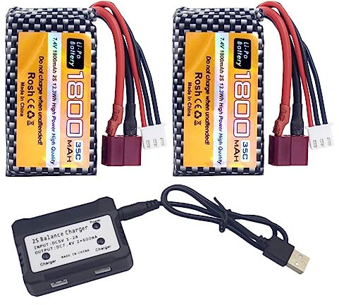 ZYGY 2PCS 7.4V 35C 1800mah Batterie & 1PCS Chargeur 2 en 1pour WLTYOS K929-B A959-B 12401 12402 12403 12404 12423 12428 144001 1/18 1/14 1/12 pour Voiture Jouet RC
