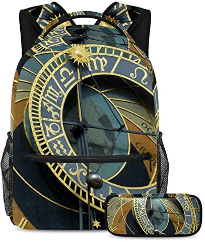 VAPOKF Schulranzen-Set für Teenager, Mädchen, Jungen, Schüler, Büchertasche, Rucksack mit Federmäppchen für die Schule – Astronomische Uhr Prag, multi, Einheitsgröße, Schulranzen-Sets
