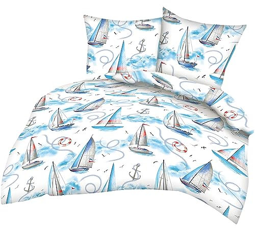 Heubergshop 2-teilige Seersucker Bettwäsche 135x200cm + 80x80cm - Segelschiff, Maritime, Anker, Wolken - Bettgarnitur, 100% Baumwolle, bügelfrei (BS-817/1)