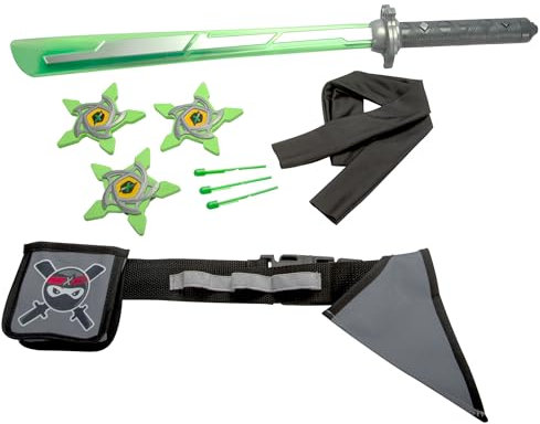 Next Ninja Mega-Set, 9 Teile, Gürtel verstellbar bis 80cm, Schwert mit Licht und Sound, Schussfunktion, DREI Pfeile und Sterne, Stirnband, ab 3 Jahren