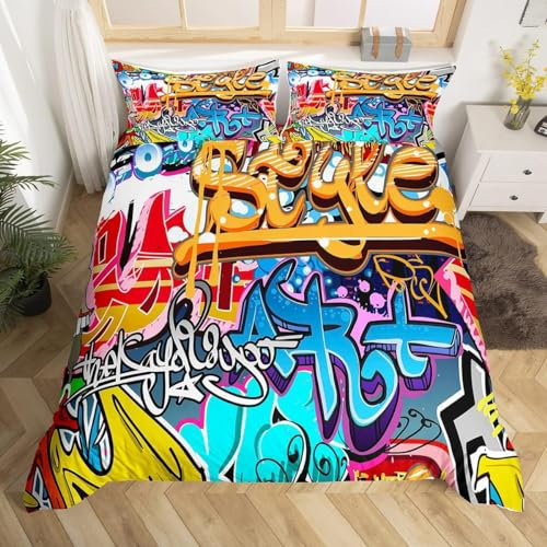 Hippie-Graffiti-Bettwäsche-Set, Einzelbett, für Kinder, Jungen, Jugendliche, Bettbezug, moderne Bettwäsche, Wanddekoration, Urban Street Art, Tagesdecke mit 1 Kissenbezug, Reißverschluss und Bändern,