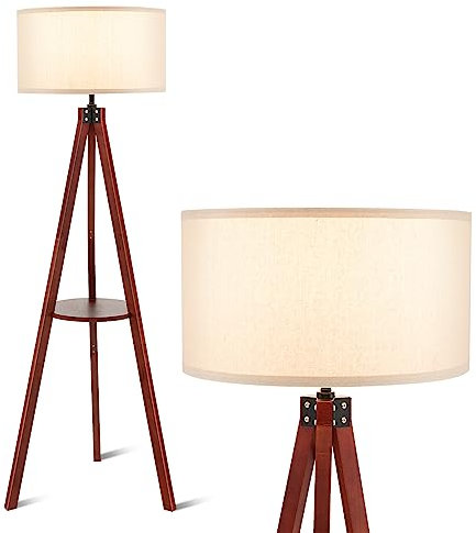 COSTWAY Tripod Floor Lamp with Shelves, Wood Standing Light with Round Fabric Lampshade & E27 Socket, Corner Reading Lamp for Bedroom Living Room Office Decoration