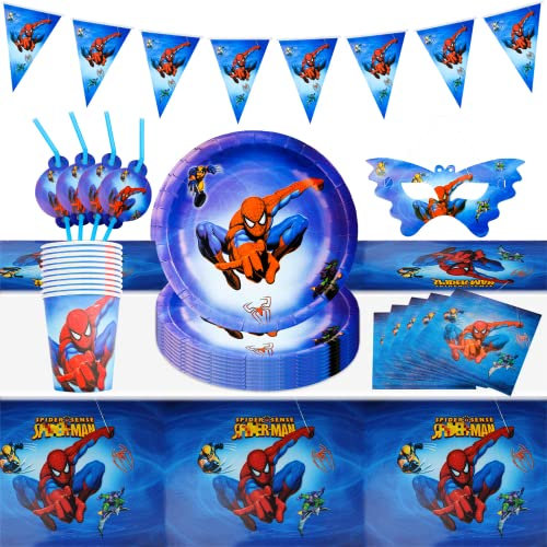 52Pcs Party Tableware Set, Spider Party Supplies Set with Paper Plates Cups Napkins and Tablecloth , Cartoon Party Decorations, Kids Birthday Party Decorations