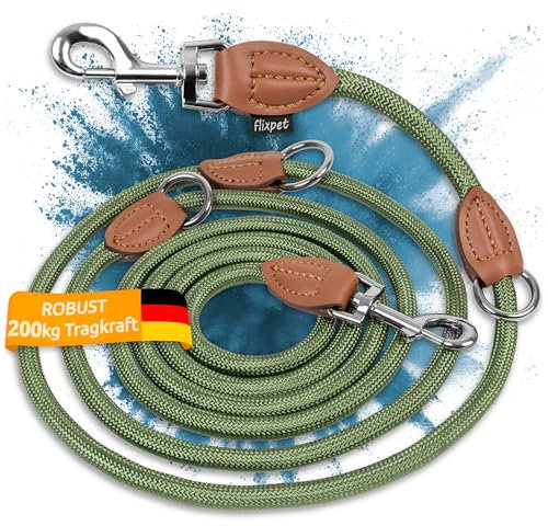 flixpet® - Hundeleine 3m verstellbar für große & mittelgroße Hunde Doppelleine Umhängeleine Führleine aus Paracord robust bis 200kg Tragkraft | 3 Meter lang x 11mm (Olivgrün-Braun)