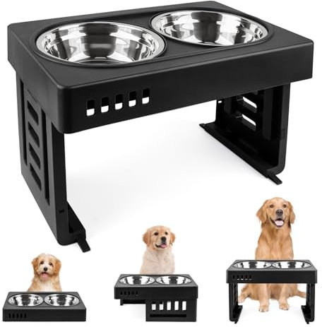 Gamelle Surélevée 2 en 1 pour Chien et Chat - 4 Hauteurs Réglables, Support Anti-Glouton avec Gamelle INOX - Convient à Tous Les Chiens