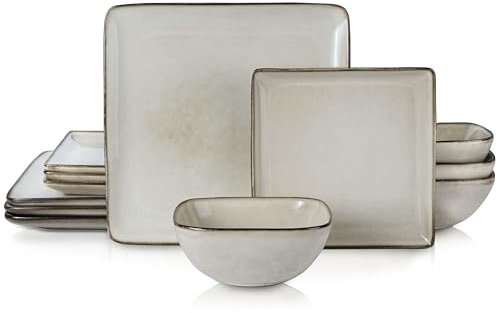 E-far Square Plates and Bowls Sets, 12-Piece Stoneware Dinnerware Sets for 4, Reactive Glaze Dish Set, Chip and Scratch Resistant, Microwave and Dishwasher Safe, Sandy Beige
