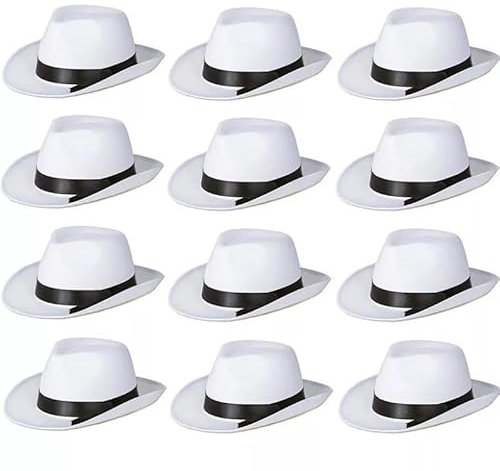 12 x Gangsterhüte – Erwachsene weißer Trilby-Hut mit schwarzem Band – Herren 1920er 1940er Jahre Mafia Detektiv Verkleidung Zubehör – Great Gatsby Private Investigator Hut – Party Gruppe Kostüm