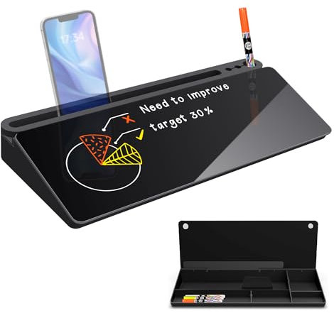 Sliandtelly Tableau blanc noir avec rangement, tableau blanc en verre avec 3 marqueurs à craie pour notes rapides, tableau noir effaçable à sec avec organisateur de bureau pour bureau, maison, école
