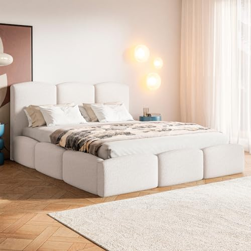 MOTIVENA Cloud Bubble Bett 180x200 Weiß Boucle, mit Stauraum, mit Kopfteil, mit Lattenrost, ohne Füße, ohne Matratze, Bubble Polsterbett 180x200 mit Bettkasten Weiß (Milch)