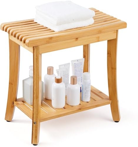VEVOR Bambus-Duschbank, Duschhocker, 2-stufiger Bambus-Spa-Badewannen-Organizer, Hocker, Badezimmerstuhl und Sitz mit Ablagefläche für drinnen und draußen (natürlich), 150 kg Max. Tragkraft