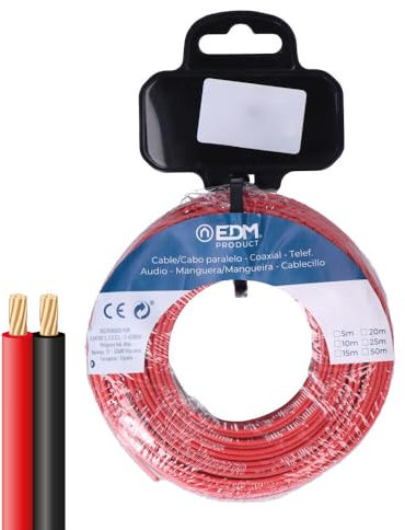 Carrete de cable paralelo 2x1.5mm rojo/negro de 10m para audio, ideal para conexiones eléctricas y transmisión de sonido.