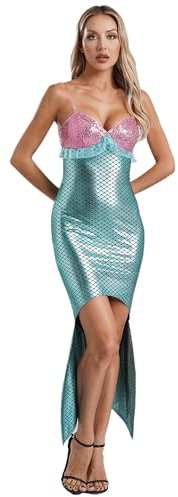 FEESHOW Déguisement Sirène Princesse Femme Cosplay Robe De Mermaid Halloween Mascarade Robe Queue De Sirène Costume Carnaval Mascarade Fête Menthe verte 3XL