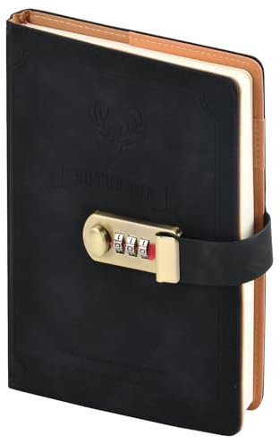 Gudalea Tagebuch mit Schloss, PU Leder Tagebuch mit Schloss, Lock Journal Passwort Notizbuch, 256 Seiten, für Männer, Frauen, Kinder (Schwarz)