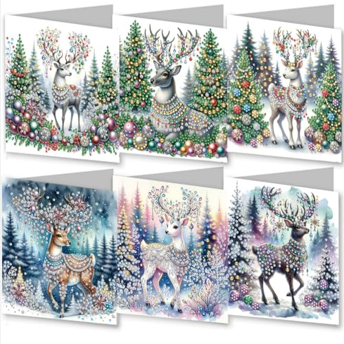 Meecaa Elk Deer Christmas Tree Animal 6pcs Handmade 5D Diamond Painting Christmas Greeting Cards for Adults, DIY Diamond Art Postcards for Friends Family Lover Gift (15CMx30CM) (Elk)