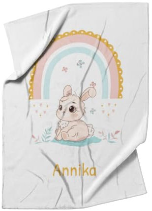 fotobar Kuscheldecke mit Namen – Häschen mit Regenbogen, 140 x 200 cm